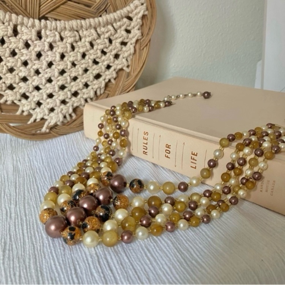 Five Strand Gold Black Purple Beaded Necklace Vintage “Faina” Maximal Neutral Je